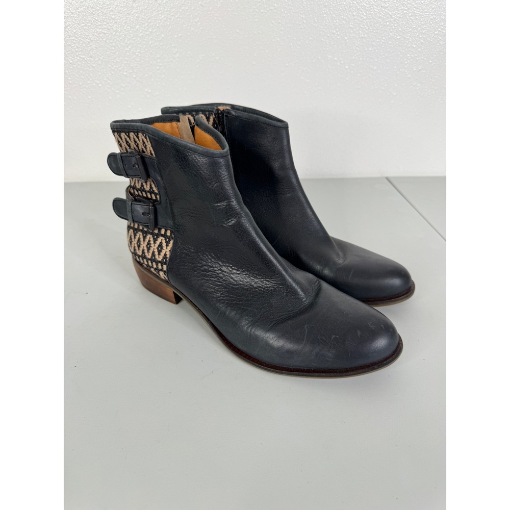 Latigo Isley Black Leather Woven Textile Buckle Ankle Boots 9M LA-F16-50452-024
